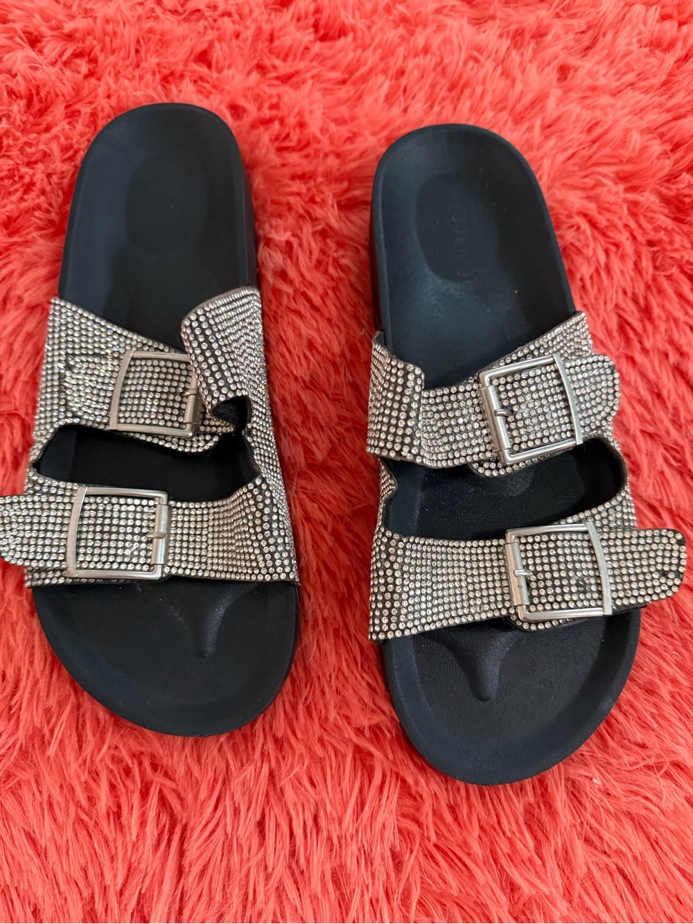 Black Footbed Slide Sandals with Silver Crystal Buckles